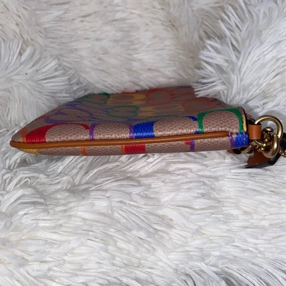 NWOT Coach Wristlet Brass/Tan Natural Multi Rainbow Signature Canvas/leather - Picture 9 of 13